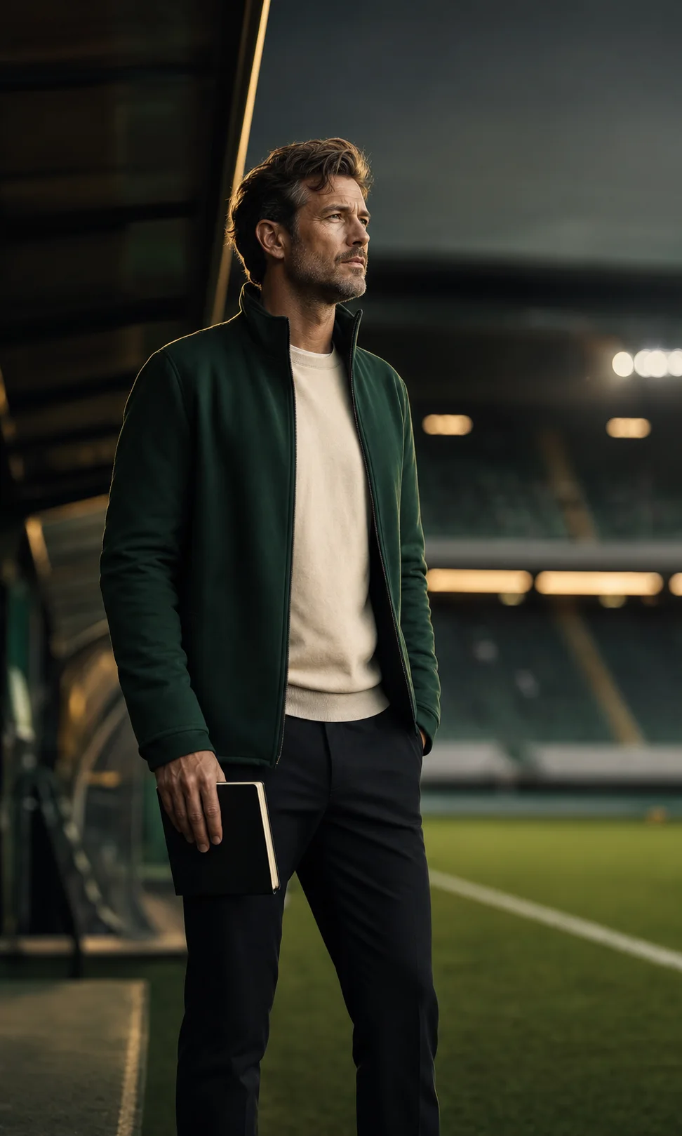 Professional football coach standing beside the pitch