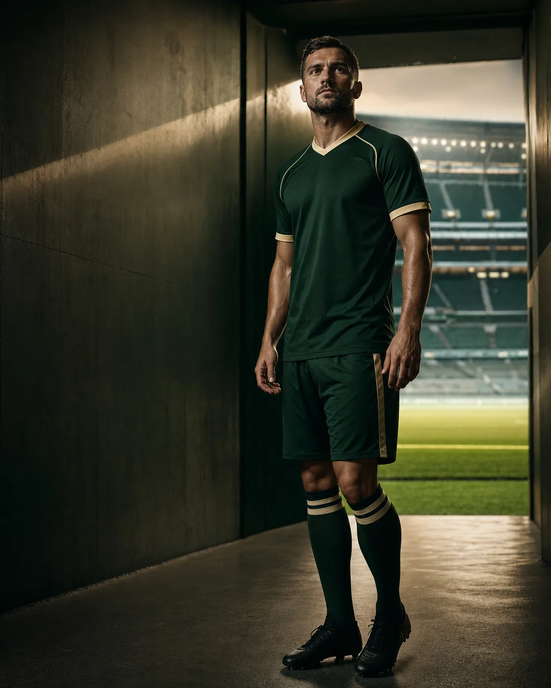 Professional football player standing in a stadium tunnel